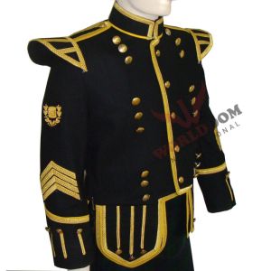 Military Doublet Black Wool Marching Bagpiper Jacket Is Decorated With Golden Laces