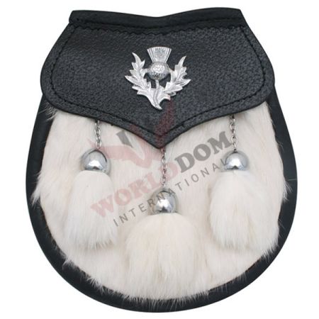 White Fur on Black Leather 2 Tassels Sporran