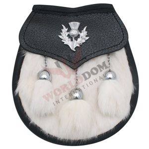 White Fur on Black Leather 2 Tassels Sporran